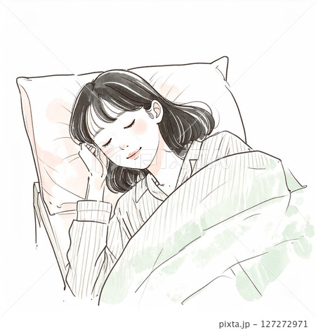 睡眠、眠る、ベッドで横になる女性 127272971