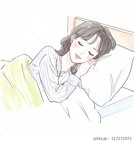 睡眠、眠る、ベッドで横になる女性 睡眠、眠る、ベッドで横になる女性 127272972