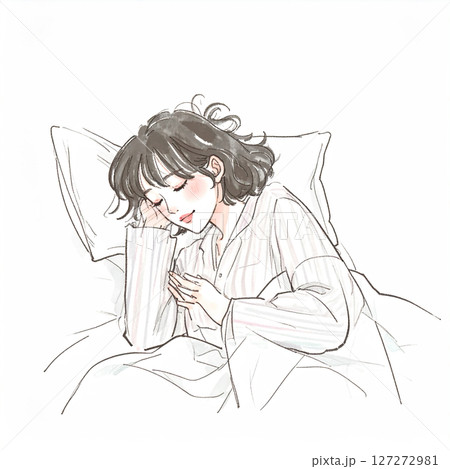 睡眠、眠る、ベッドで横になる女性 127272981