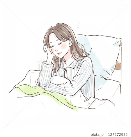 睡眠、眠る、ベッドで横になる女性 睡眠、眠る、ベッドで横になる女性 127272983