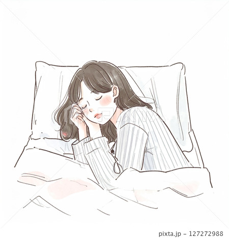 睡眠、眠る、ベッドで横になる女性 127272988