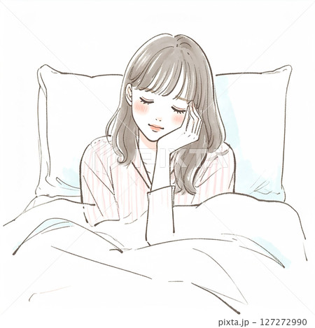 睡眠、眠る、ベッドで横になる女性 127272990