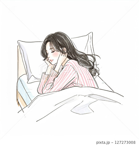 睡眠、眠る、ベッドで横になる女性 127273008