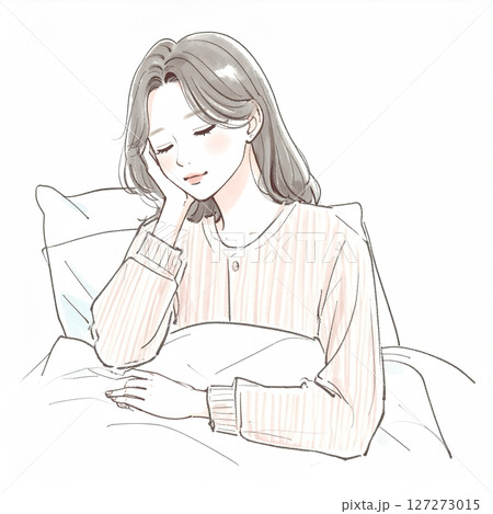 睡眠、眠る、ベッドで横になる女性 127273015