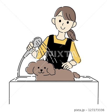 トリミングサロンの犬とトリマーのイラスト 127273336