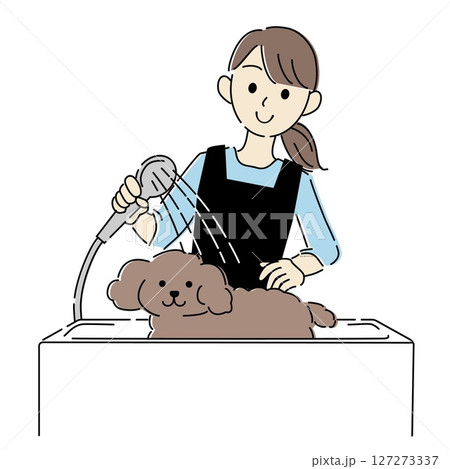 トリミングサロンの犬とトリマーのイラスト トリミングサロンの犬とトリマーのイラスト 127273337