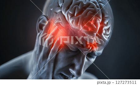 人間の頭痛の痛みを示す医療イラスト 127273511