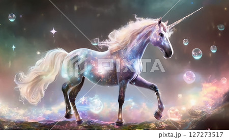 星と泡のフィールドを疾走する魔法のユニコーンのイラスト素材