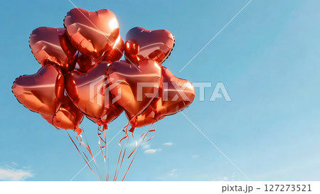 穏やかな青空に、たくさんの鮮やかな赤いハート型の風船が舞い上がる 穏やかな青空に、たくさんの鮮やかな赤いハート型の風船が舞い上がる 127273521