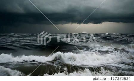 暗くて嵐の海。波が打ち寄せ、風が唸っています。空は暗い雲で満たされています 暗くて嵐の海。波が打ち寄せ、風が唸っています。空は暗い雲で満たされています 127273624