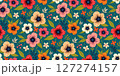 Colorful seamless floral pattern with hand-drawn flowers and leaves on a teal background. Ideal for fabric prints, wallpapers, gift wrap, stationery, textile, and spring or summer-themed designs. 127274157