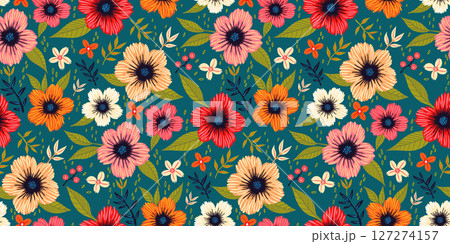 Colorful seamless floral pattern with hand-drawn flowers and leaves on a teal background. Ideal for fabric prints, wallpapers, gift wrap, stationery, textile, and spring or summer-themed designs. 127274157