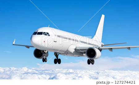 Airplane in the sky, realistic 3D model of plane flying in the sky, tourism and air travel background Airplane in the sky, realistic 3D model of plane flying in the sky, tourism and air travel background 127274421