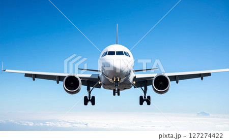 Airplane in the sky, realistic 3D model of plane flying in the sky, tourism and air travel background Airplane in the sky, realistic 3D model of plane flying in the sky, tourism and air travel background 127274422
