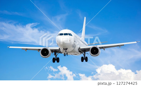 Airplane in the sky, realistic 3D model of plane flying in the sky, tourism and air travel background 127274425