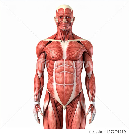 Male muscle system over white background, man muscles without skin anatomy view Male muscle system over white background, man muscles without skin anatomy view 127274919