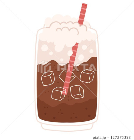Classic iced cola with whipped cream foam and red straw in transparent glass 127275358
