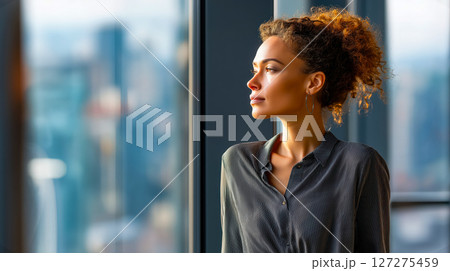 Thoughtful businesswoman in a striped blouse gazing out of a window in a modern office setting Thoughtful businesswoman in a striped blouse gazing out of a window in a modern office setting 127275459