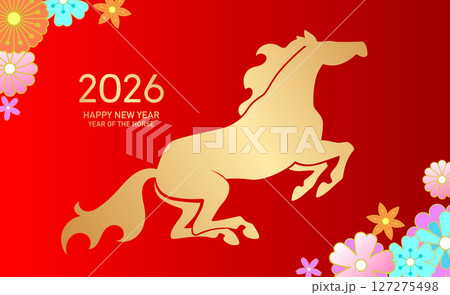 Year of the horse 2026 gold and red banner with flowers decorations 127275498