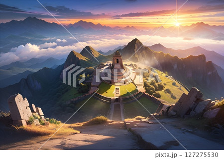 ゲーム背景　夜明けのパノラマ崖の上のファンタジー世界神殿 127275530