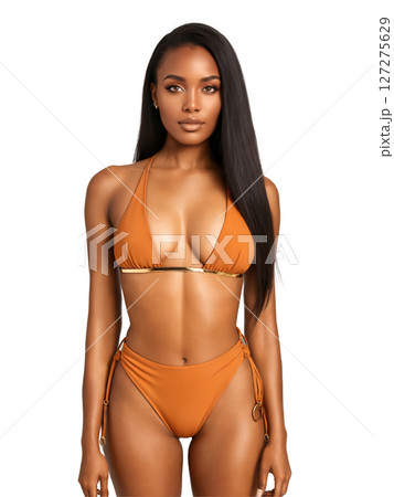 Burnt orange bikini with a triangle top featuring gold ring accents in the center and matching high-waisted bottoms with a 127275629