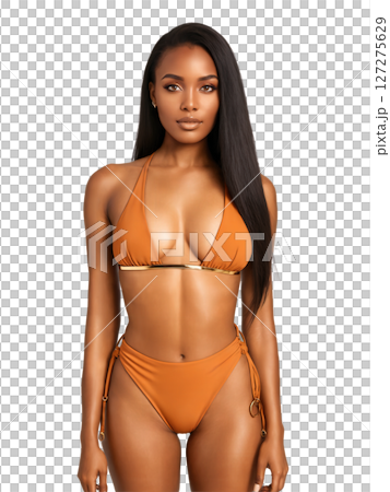 Burnt orange bikini with a triangle top featuring gold ring accents in the center and matching high-waisted bottoms with a 127275629