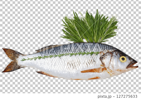 Pla Pao - Grilled whole fish, often stuffed with herbs and spices, then cooked over an open flame for 127275633