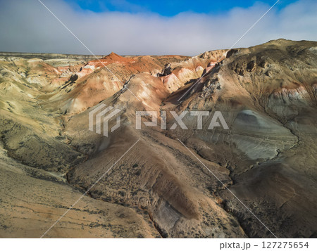 Winding ravines and colored Aktumsuk formations in Karakalpakstan at sunrise Winding ravines and colored Aktumsuk formations in Karakalpakstan at sunrise 127275654