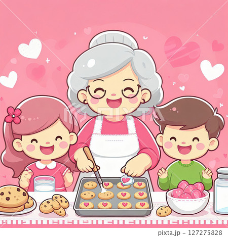 Happy Grandparents Day, kawaii cartoon style grandma baking cakes with smiling kids, pink background with sweets and hearts, Happy Grandparents Day, kawaii cartoon style grandma baking cakes with smiling kids, pink background with sweets and hearts, 127275828