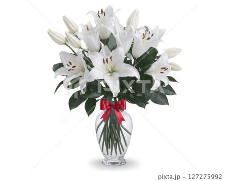 A bold, glossy crimson satin ribbon tied into a large bow, wrapping around a bouquet of white lilies, coral roses, 127275992