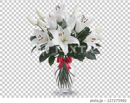A bold, glossy crimson satin ribbon tied into a large bow, wrapping around a bouquet of white lilies, coral roses, A bold, glossy crimson satin ribbon tied into a large bow, wrapping around a bouquet of white lilies, coral roses, 127275992