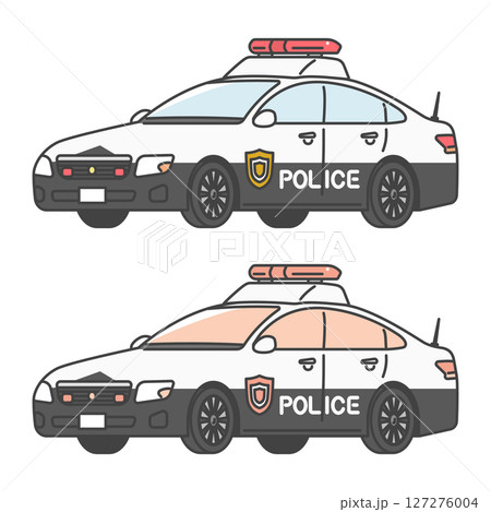 イラスト素材:交通機動隊のパトカー、日本の警察車両(フルカラー＆モノカラーSET) 127276004