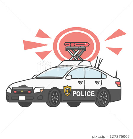イラスト素材:サイレン、赤色灯で緊急走行中の交通機動隊のパトカー、日本の警察車両 イラスト素材:サイレン、赤色灯で緊急走行中の交通機動隊のパトカー、日本の警察車両 127276005