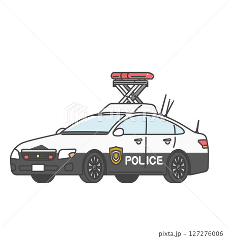 イラスト素材:赤色灯を出した交通機動隊のパトカー、日本の警察車両(フルカラー＆モノカラーSET) 127276006