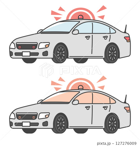 イラスト素材:サイレン、赤色灯を付けた覆面パトカー、日本の警察車両(フルカラー＆モノカラーSET) 127276009