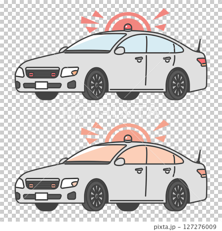 イラスト素材:サイレン、赤色灯を付けた覆面パトカー、日本の警察車両(フルカラー＆モノカラーSET) 127276009