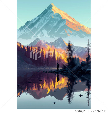 森の中の湖に映る逆さ山 森の中の湖に映る逆さ山 127276144