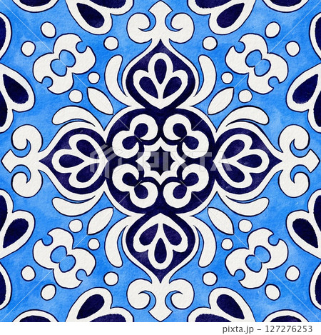 Classic Blue Geometric Watercolor Tile, Traditional Indigo Hand Drawn Mediterranean Mosaic Floral Square with Ornate Flower, Portuguese Azulejo, Ceramic Spanish or Mexican Talavera Ornamental Artwork Classic Blue Geometric Watercolor Tile, Traditional Indigo Hand Drawn Mediterranean Mosaic Floral Square with Ornate Flower, Portuguese Azulejo, Ceramic Spanish or Mexican Talavera Ornamental Artwork 127276253