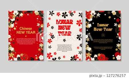 Lunar New Year Chinese Posters or Banners Design. Red and Gold Illustrations, Japanese Sakura Vertical Cards, Traditional Vector Concept, Geometric Modern Flowers Lunar New Year Chinese Posters or Banners Design. Red and Gold Illustrations, Japanese Sakura Vertical Cards, Traditional Vector Concept, Geometric Modern Flowers 127276257