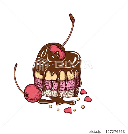 Summer Heart Shape Cake with Cherry and Chocolate Cream Desserts Vector Isolated Illustration, Retro Sketch Hand Drawn Design for Cafe or Restaurant 127276268