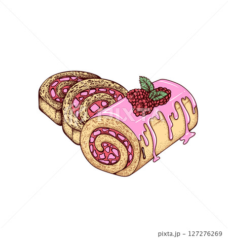 Pink Cream Roll Dessert with Strawberry and Slices or Piece Vector Bakery or Pastry, Birthday Colorful Sketch Retro Hand Drawn Isolated Illustration for Cafe or Restaurant 127276269
