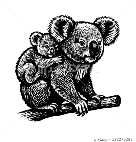 Black and white vector illustration of a koala mother with baby on her back, sitting on a branch. Engraving style, detailed and isolated on white. Wildlife Animals. 127276285