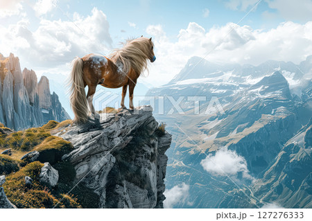 Horse with a long mane stands on a rocky mountain top 127276333