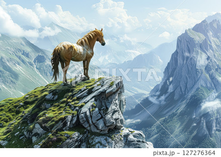 Horse is standing on a mountain top Horse is standing on a mountain top 127276364