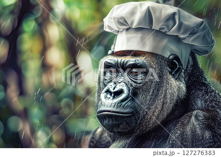 Gorilla wearing a chef's hat and apron 127276383