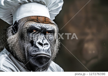 Gorilla wearing a chef's hat and a white apron 127276390