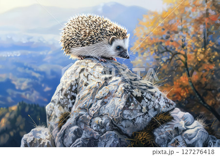 Hedgehog is sitting on a rock in a forest 127276418