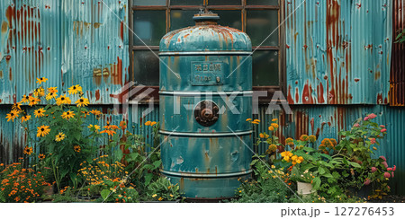 Blue barrel with a rusty top sits in front of a building with a window Blue barrel with a rusty top sits in front of a building with a window 127276453