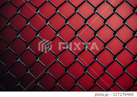 Close up of a red fence with black metal links. 127276460