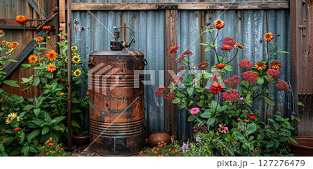 Rusty metal barrel sits in front of a wooden fence 127276479